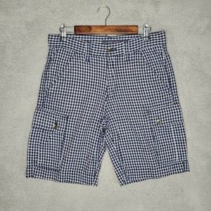 US Polo Assn Cargo Shorts Mens Sz 30 Blue And White Check Flat Front Zip EUC